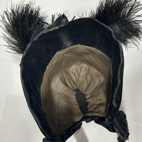 Antique Victorian Mourning Hat Bonnet Black Velvet Ribbons Feathers Beads Black main image 12